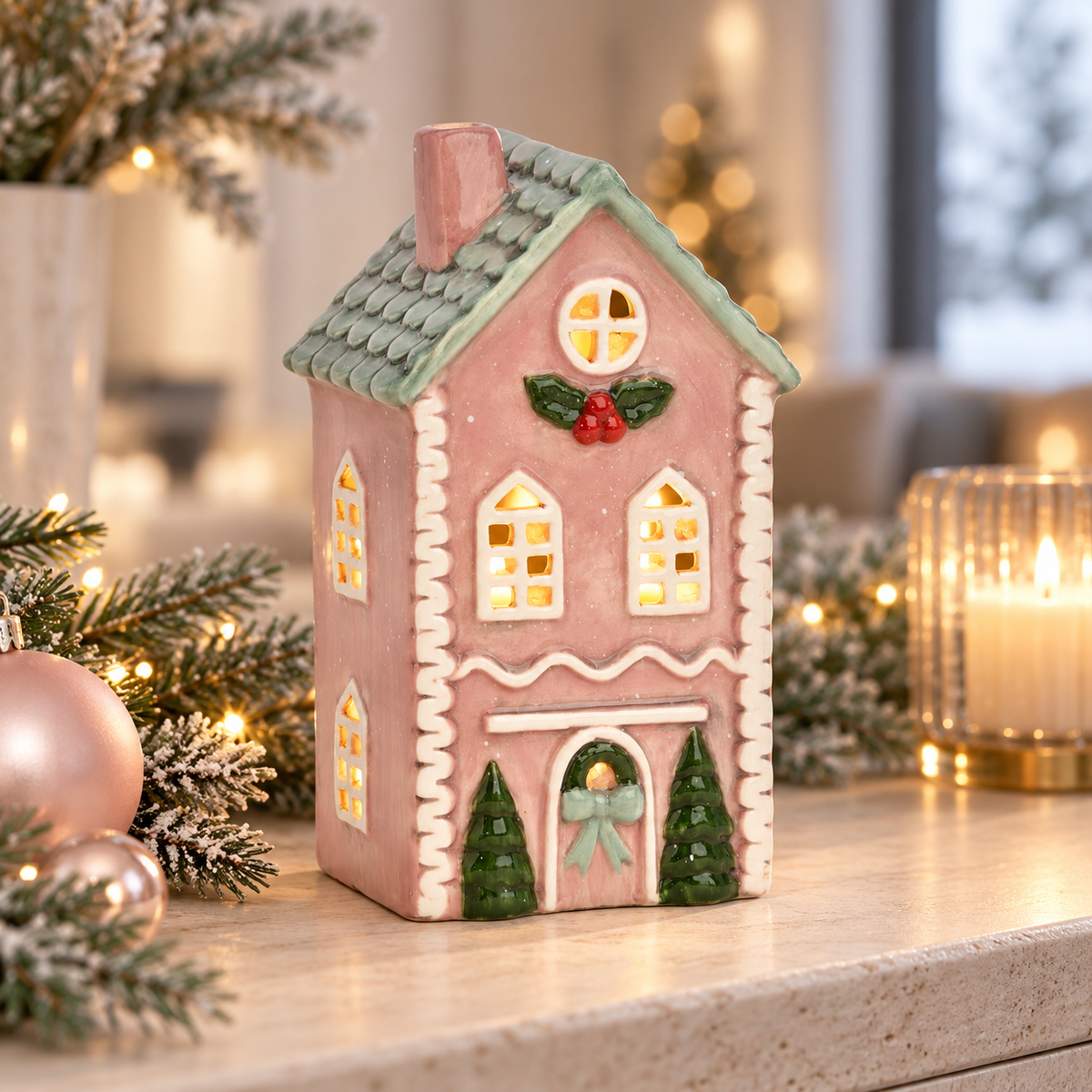 Windlicht Haus aus Keramik - rosa