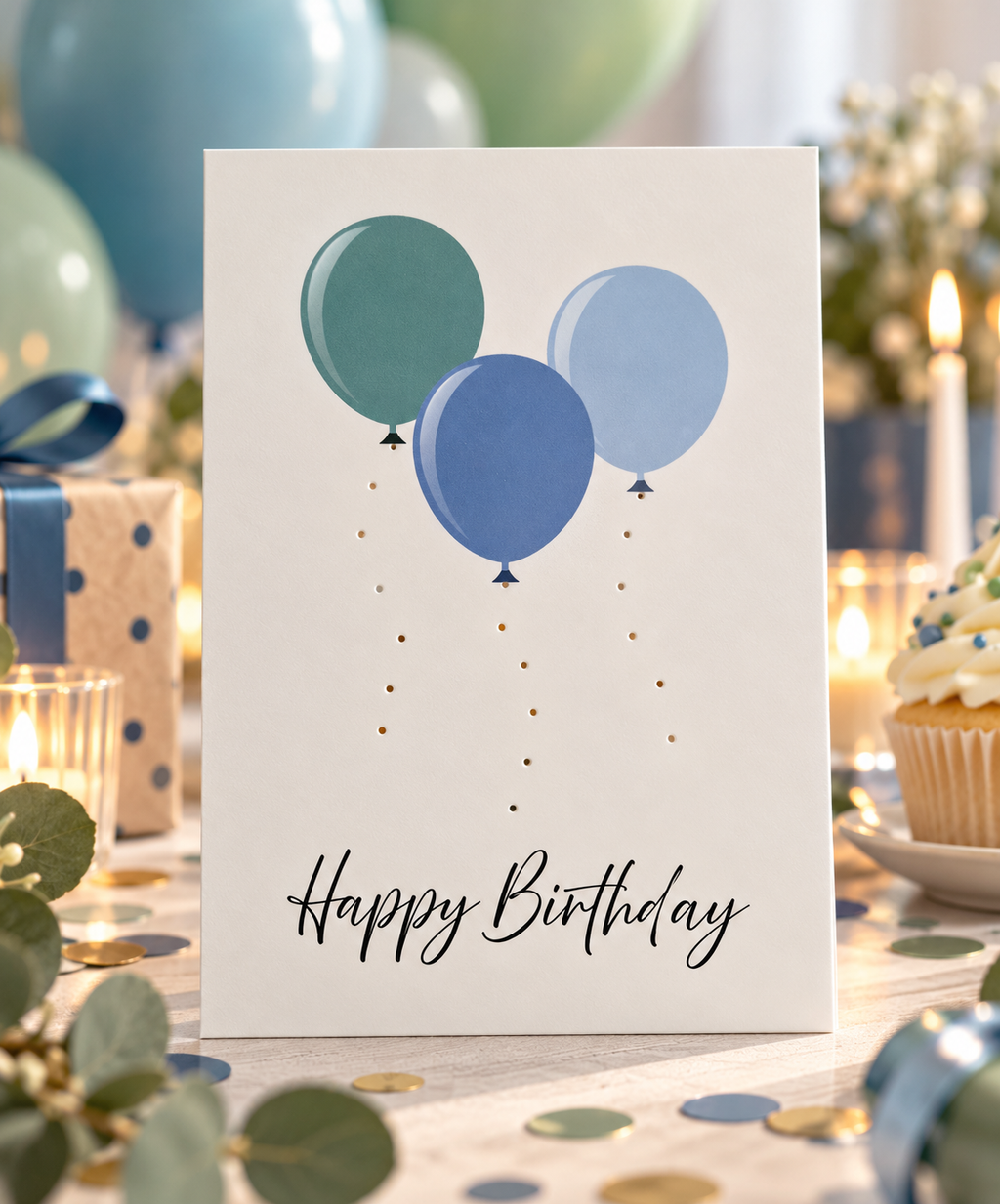 Happy Birthday - Handmade Postkarte mit Luftballons blau grün