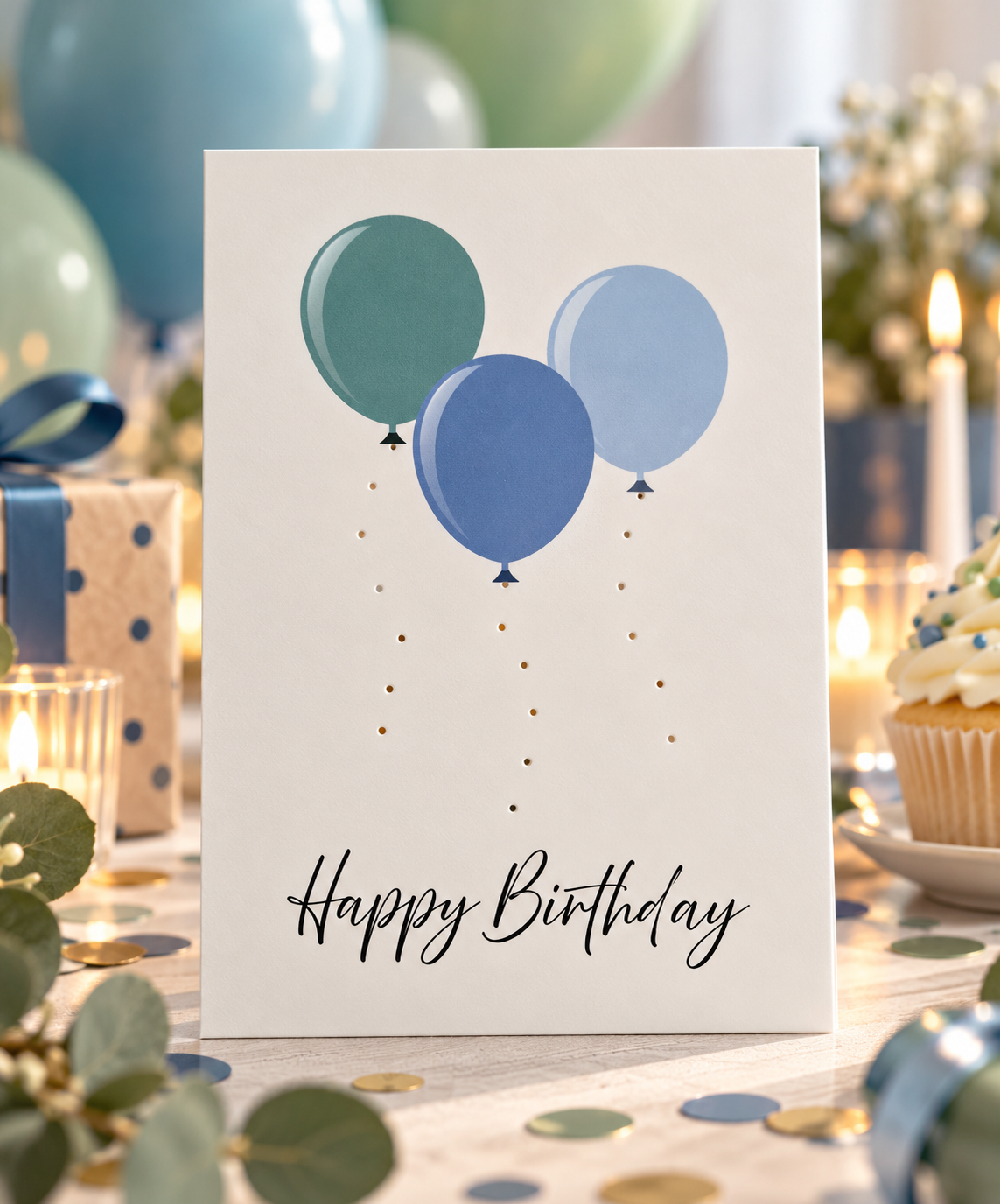 Happy Birthday - Handmade Postkarte mit Luftballons blau grün