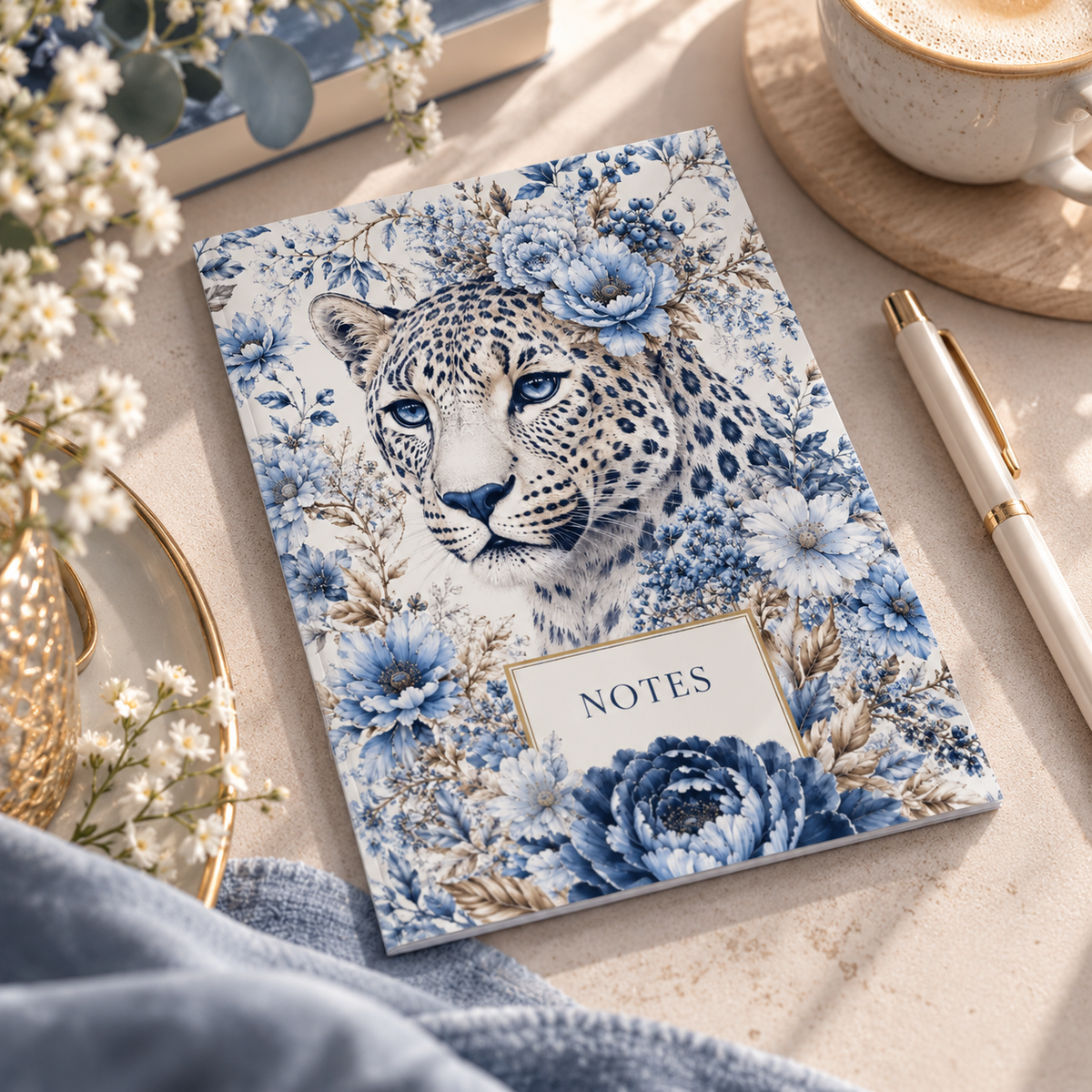 Blue Leopard - Notizheft mit floralem Leopardenmotiv