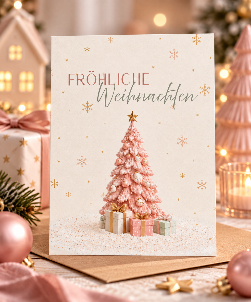 Fröhliche Weihnachten - Postkarte mit Weihnachtsbaum rosa