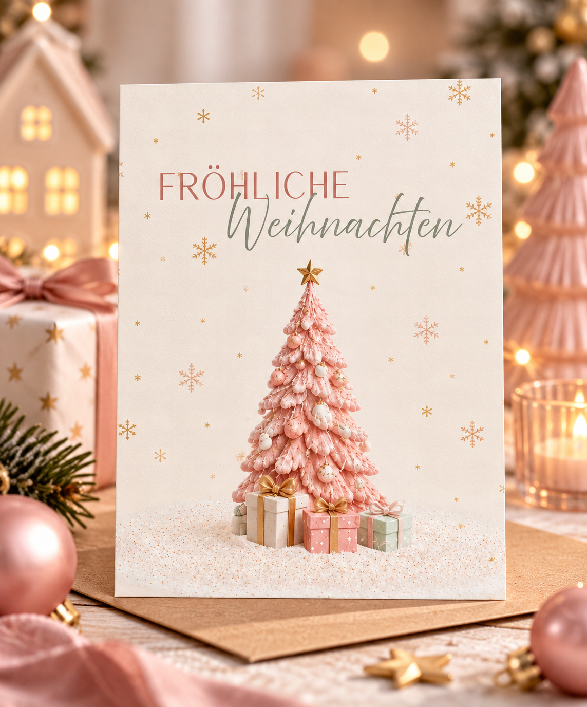 Fröhliche Weihnachten - Postkarte mit Weihnachtsbaum rosa