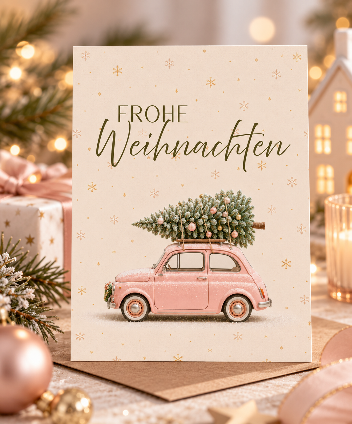 Frohe Weihnachten - Postkarte mit rosa Weihnachtsauto