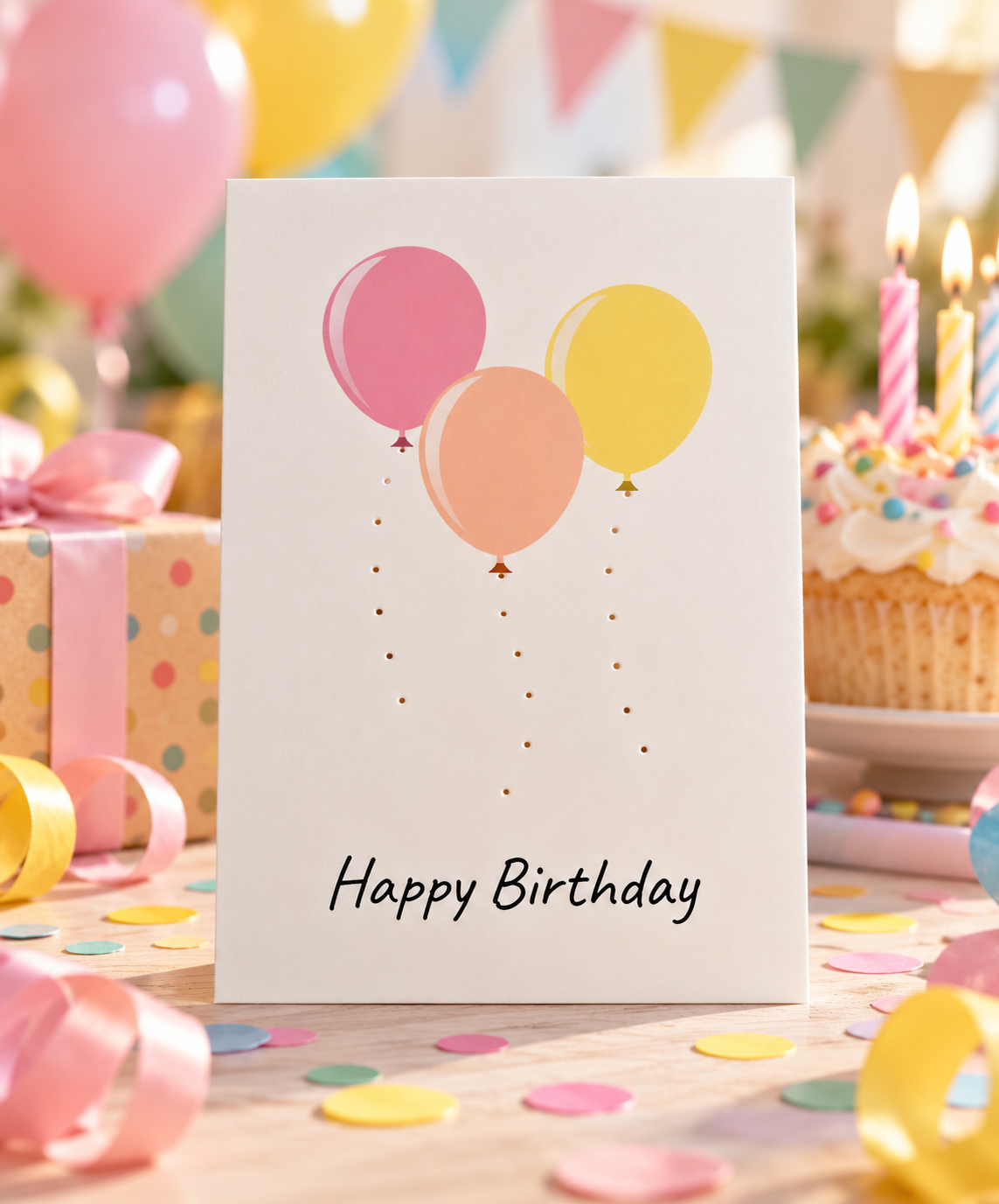 Happy Birthday - Handmade Postkarte mit Luftballons rosa
