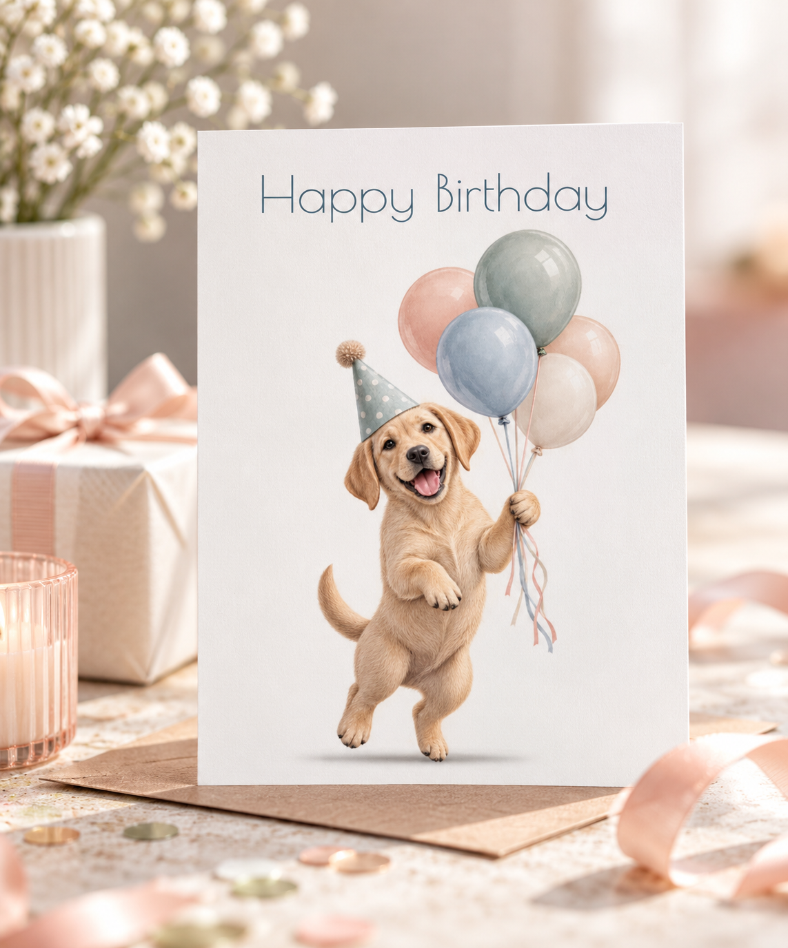 Happy Birthday - Postkarte mit Hund & Luftballons