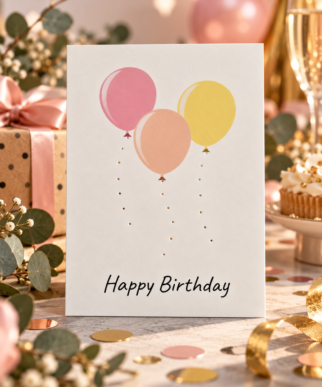 Happy Birthday - Handmade Postkarte mit Luftballons rosa