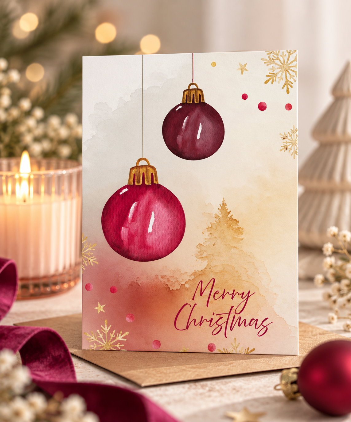 Merry Christmas - Postkarte mit Weihnachtskugeln