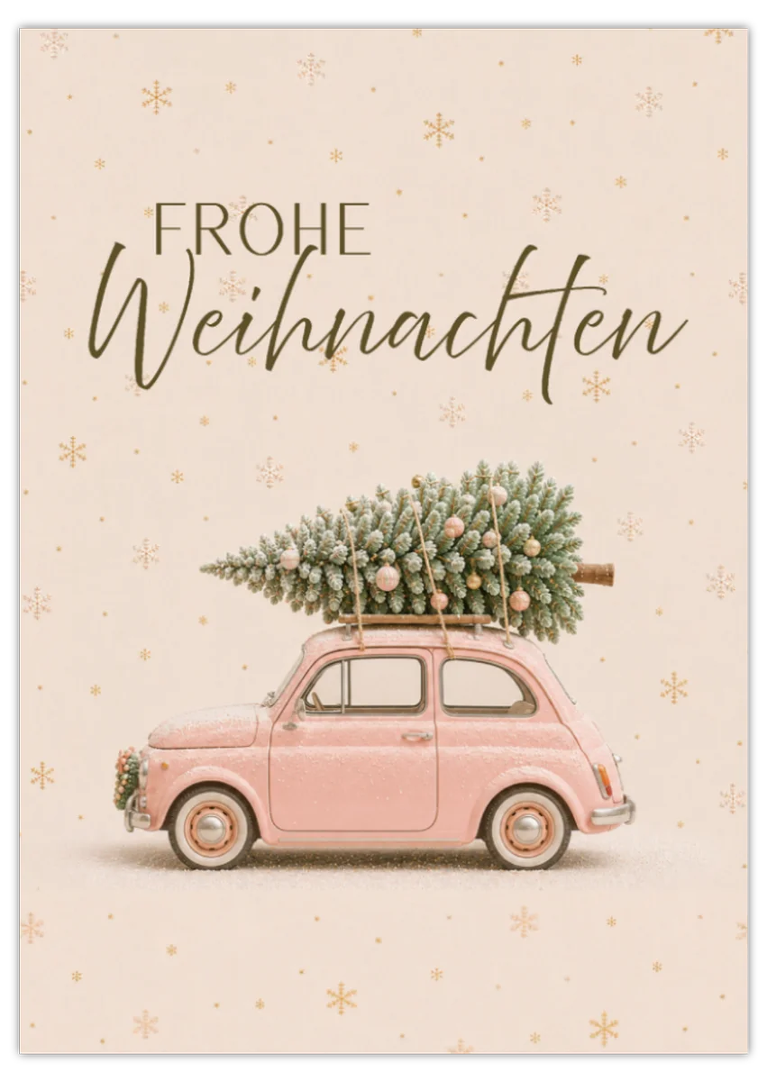 Frohe Weihnachten - Postkarte mit rosa Weihnachtsauto