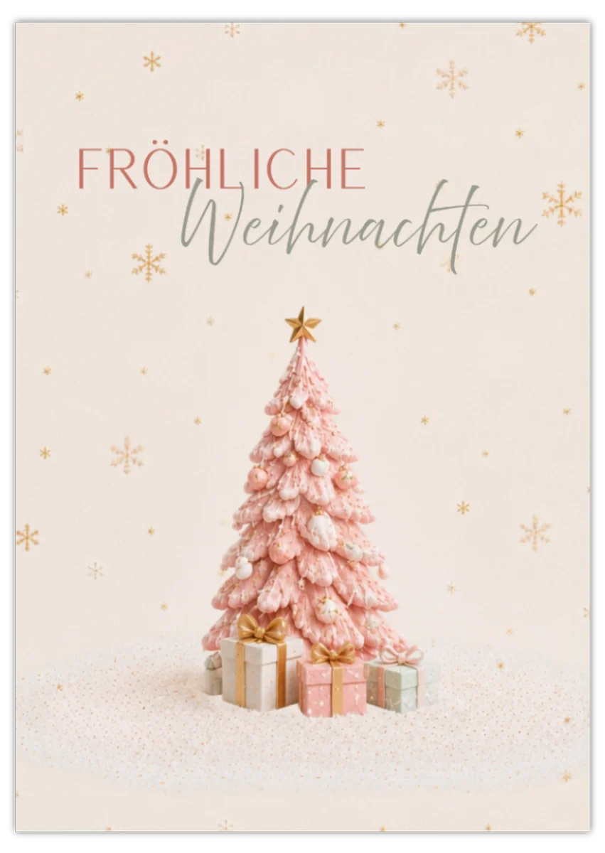 Fröhliche Weihnachten - Postkarte mit Weihnachtsbaum rosa