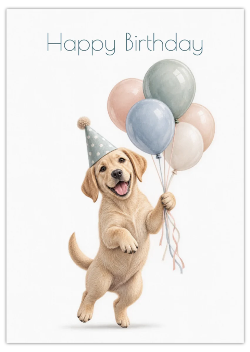 Happy Birthday - Postkarte mit Hund & Luftballons